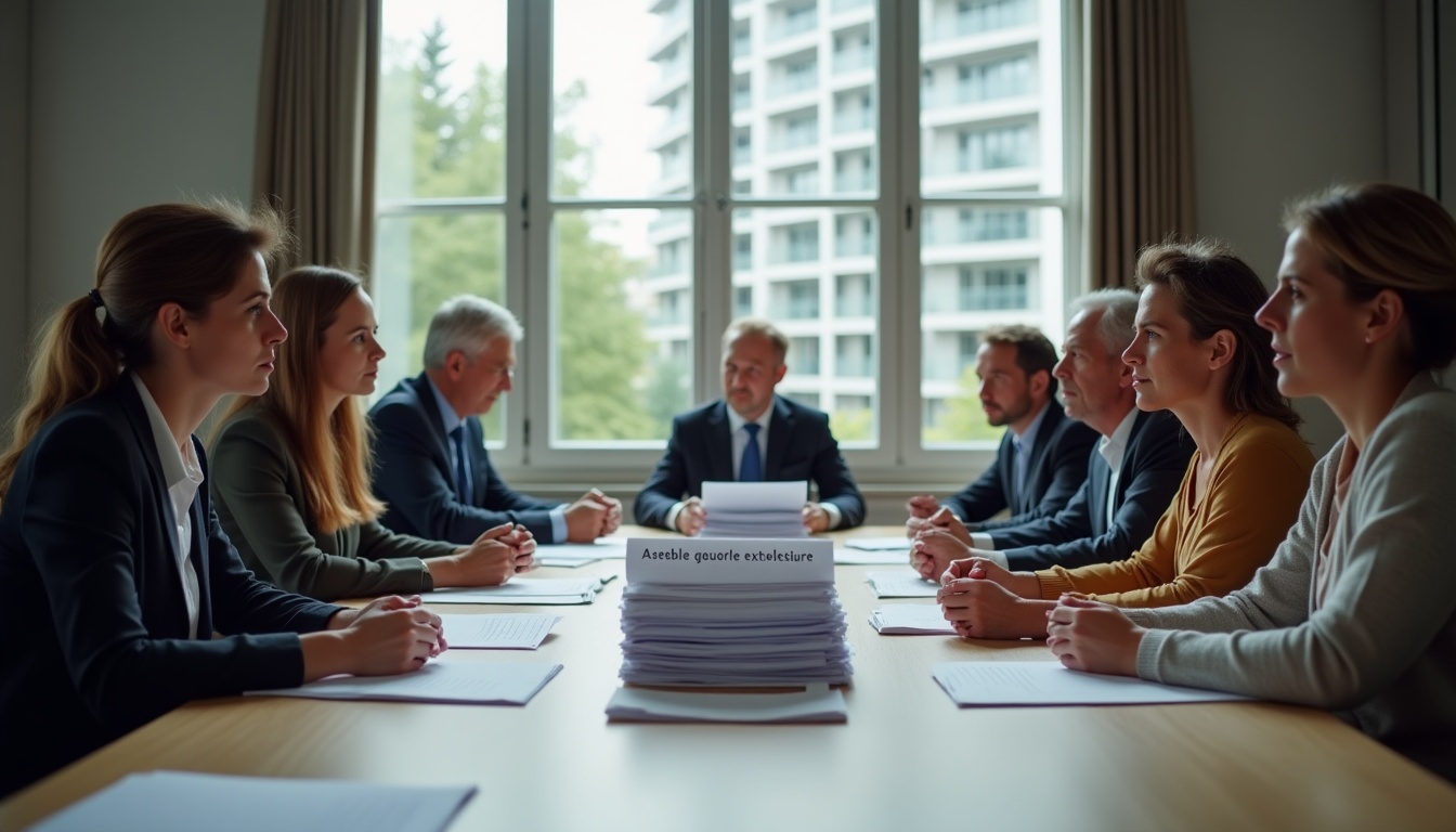 Réunion professionnelle autour d'une table, documents présents.