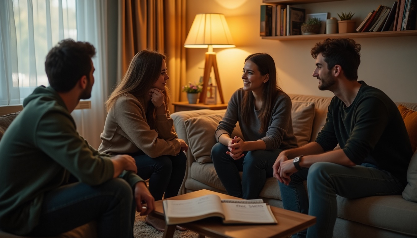 Groupe d'amis discutant dans un salon confortable.