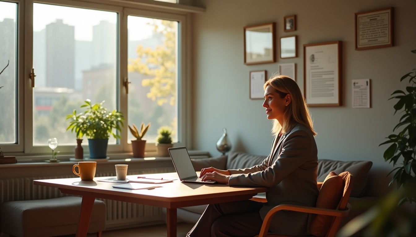 Femme travaille sur ordinateur dans bureau ensoleillé.