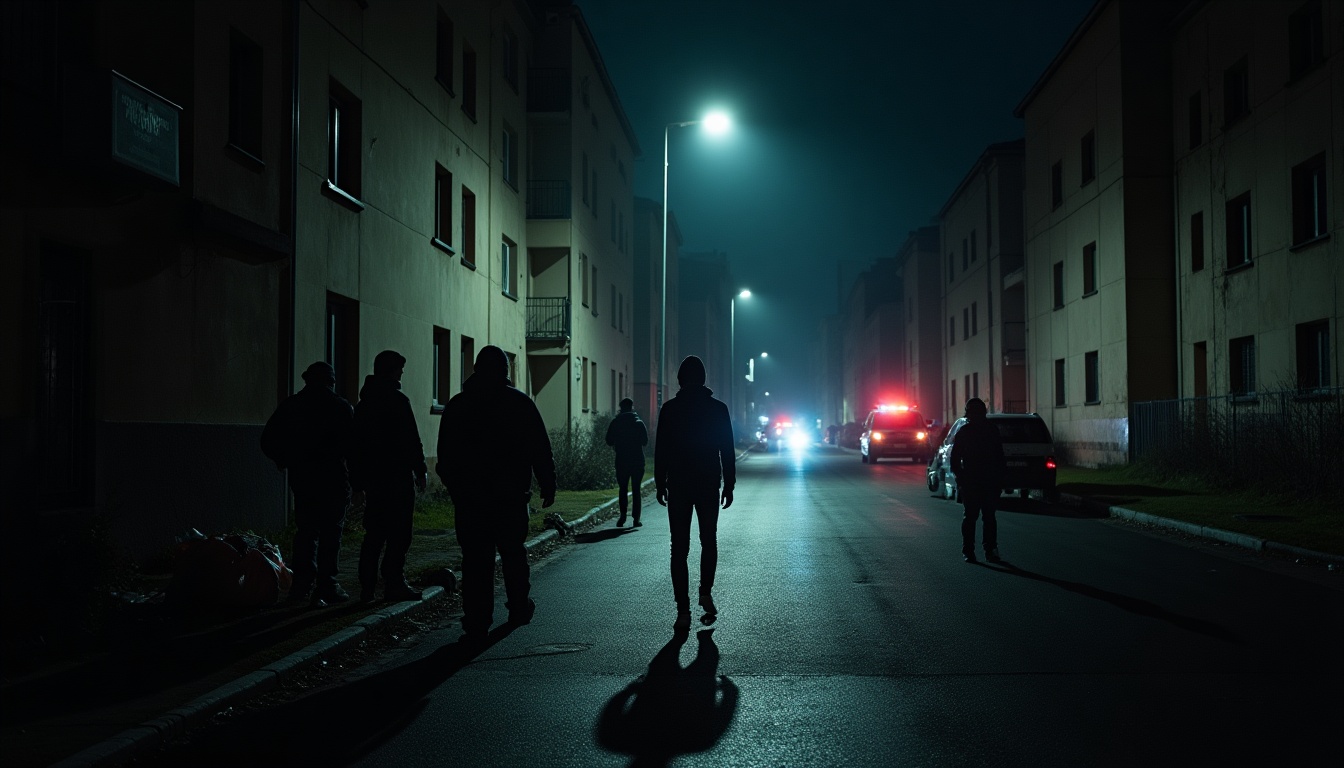 Scène nocturne urbaine avec silhouettes dans la rue