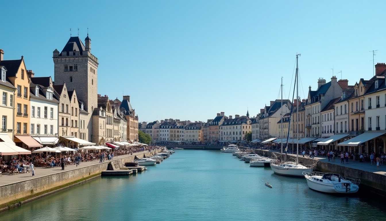 Port pittoresque avec bâtiments colorés et bateaux à quai.