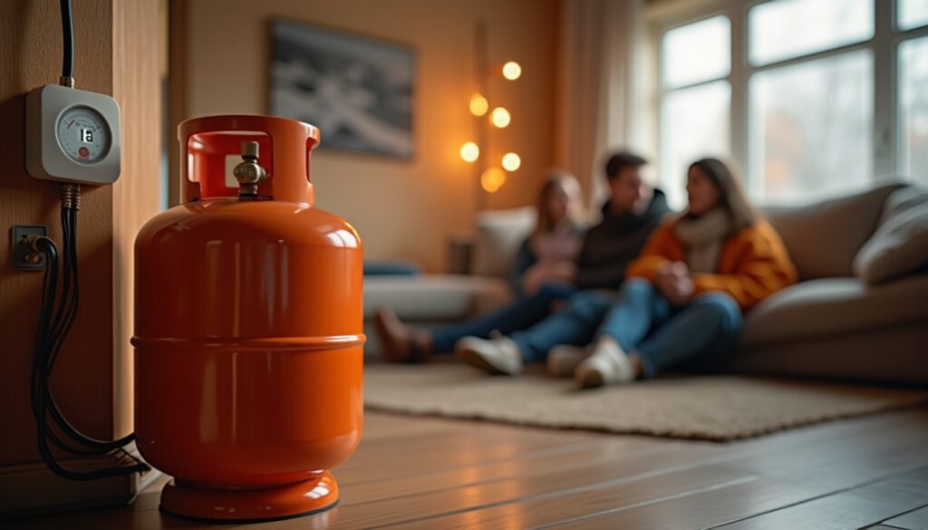 Bouteille de gaz orange dans un salon moderne.