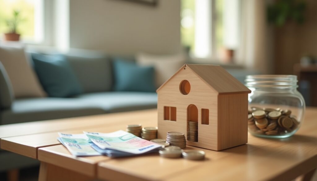 Maison miniature, pièces et billets sur table.