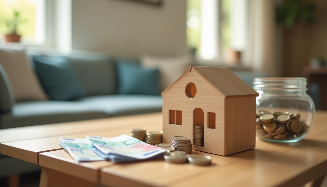 Maison miniature, pièces et billets sur table.