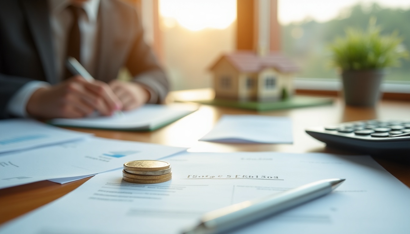 Travail de bureau avec contrats et maison miniature.