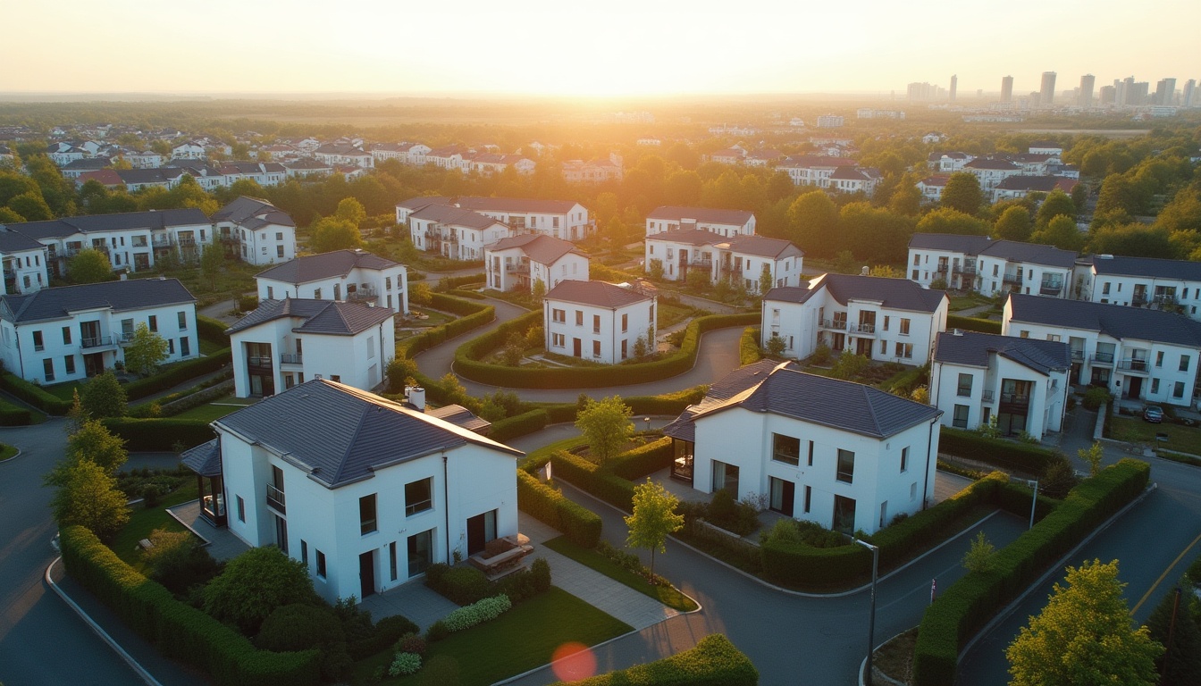 Quartier résidentiel moderne au coucher du soleil.