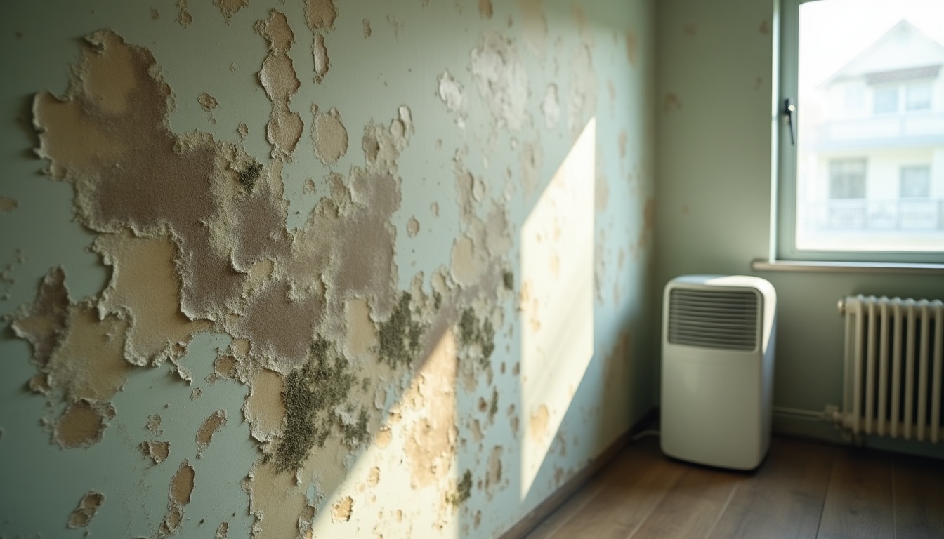 Moisissure sur un mur près d'un déshumidificateur.