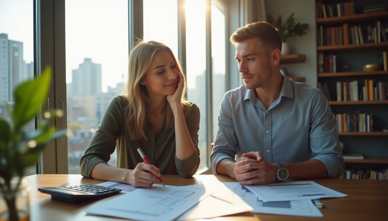 Couple planifiant des finances à la maison, lumière naturelle.
