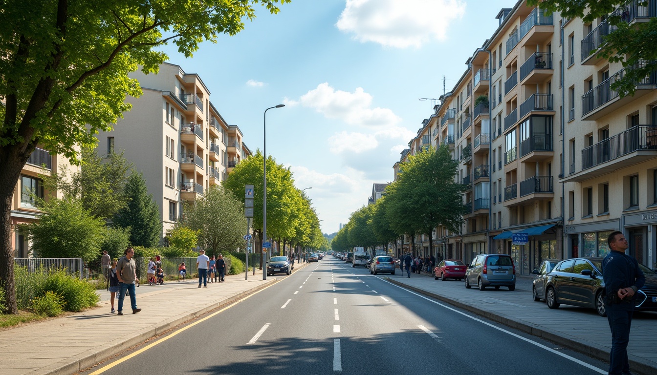 Rue urbaine bordée d'arbres et d'immeubles résidentiels.