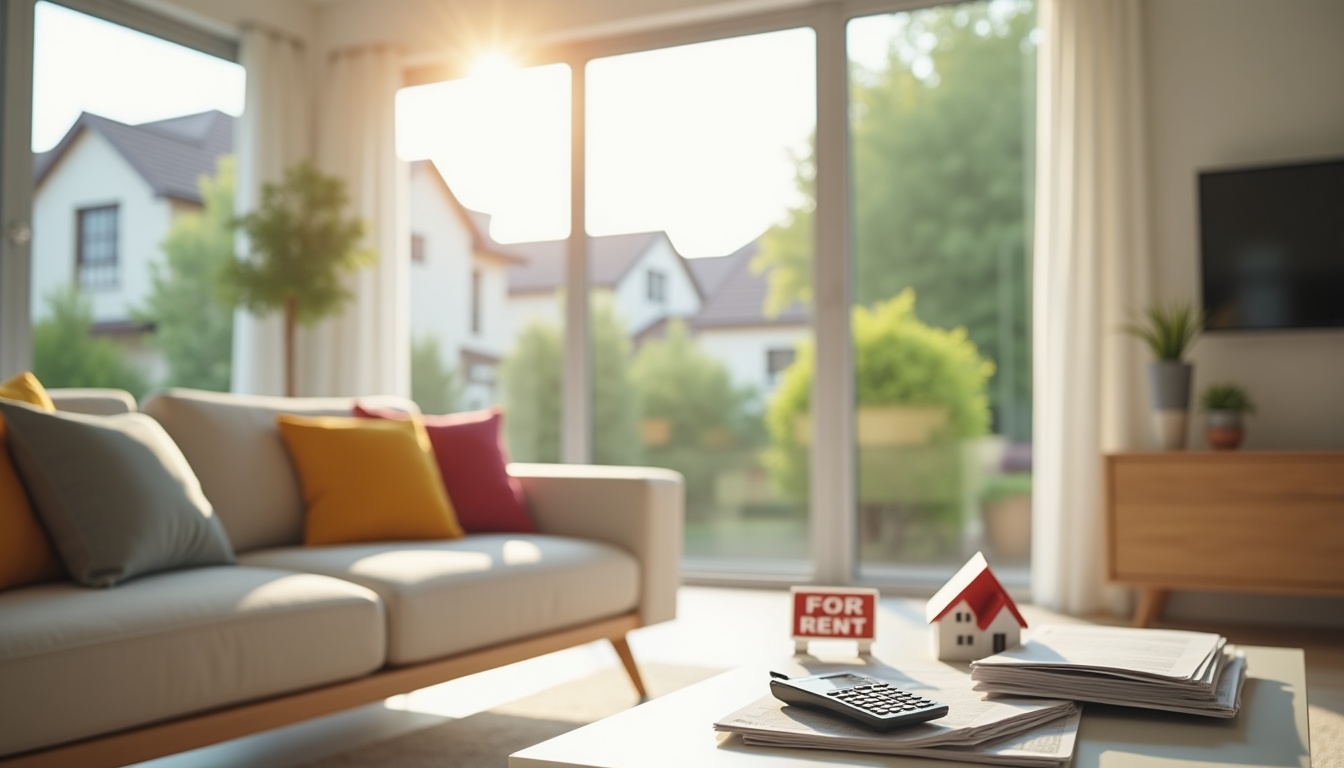 Salon moderne lumineux à louer avec vue jardin.