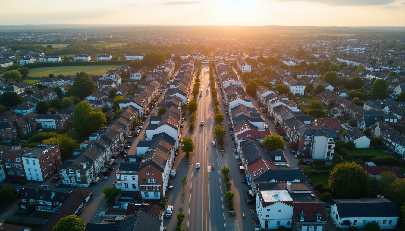 Vue aérienne d'une rue résidentielle au coucher du soleil.