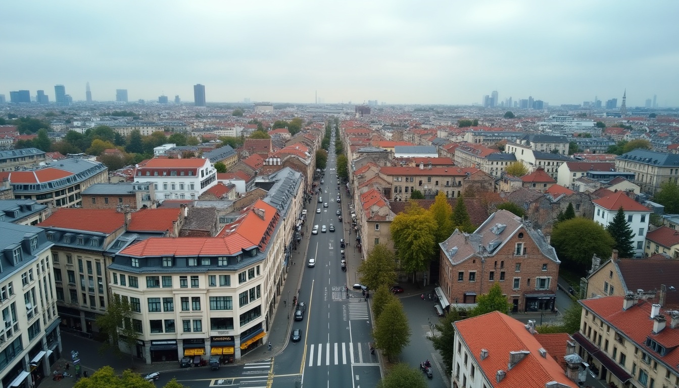 Vue aérienne d'une ville avec bâtiments et avenue.