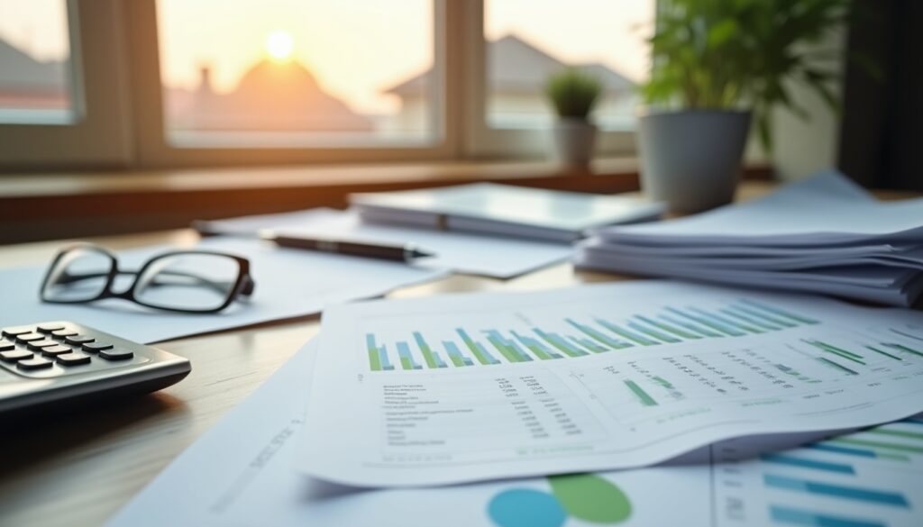 Bureaux avec graphes financiers et lunettes au soleil couchant.