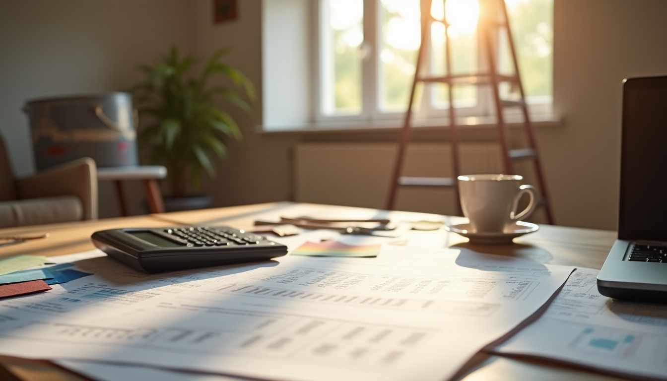Bureau ensoleillé avec calculatrice et documents financiers.
