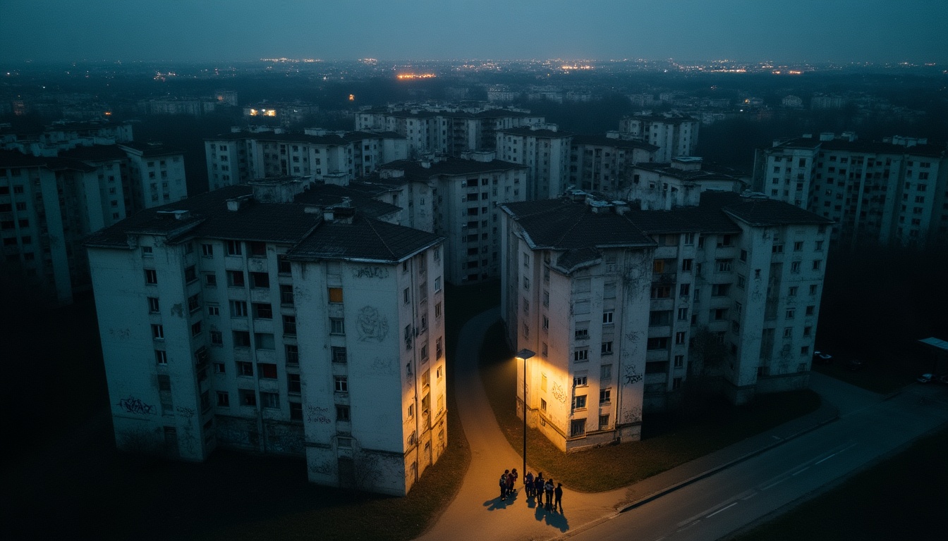 Immeubles résidentiels la nuit, groupe sous lampadaire