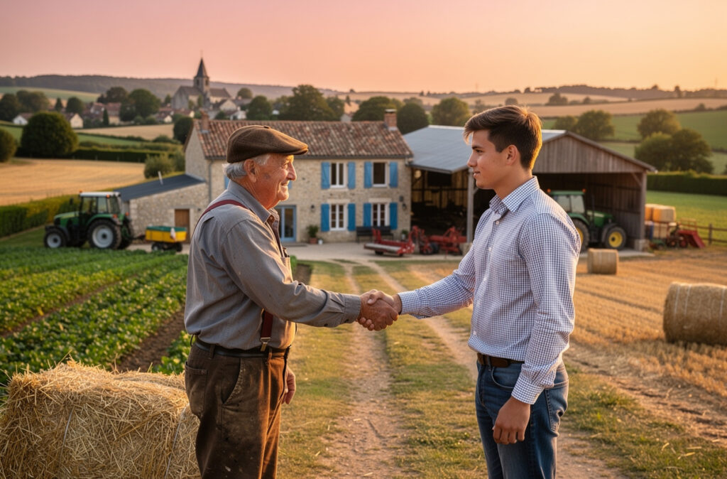 Deux hommes se serrent la main devant une ferme.