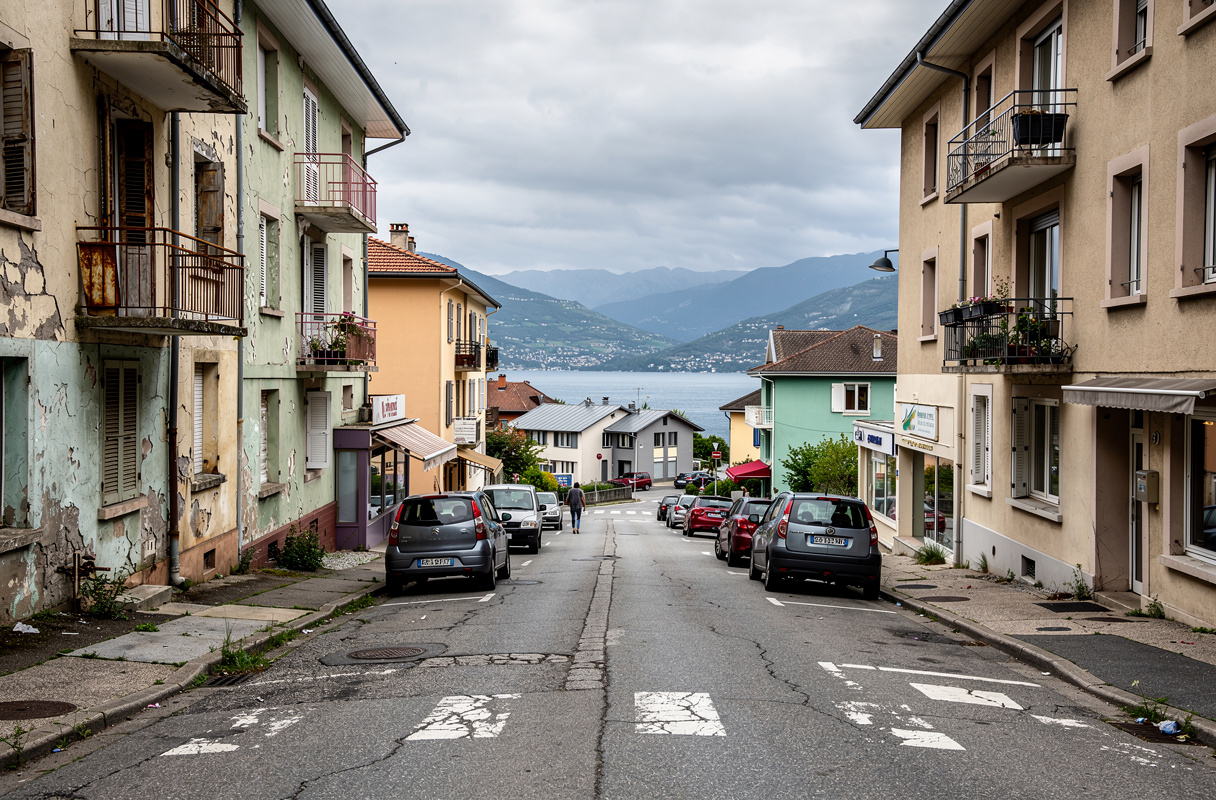 Rue avec vue sur le lac et montagnes.