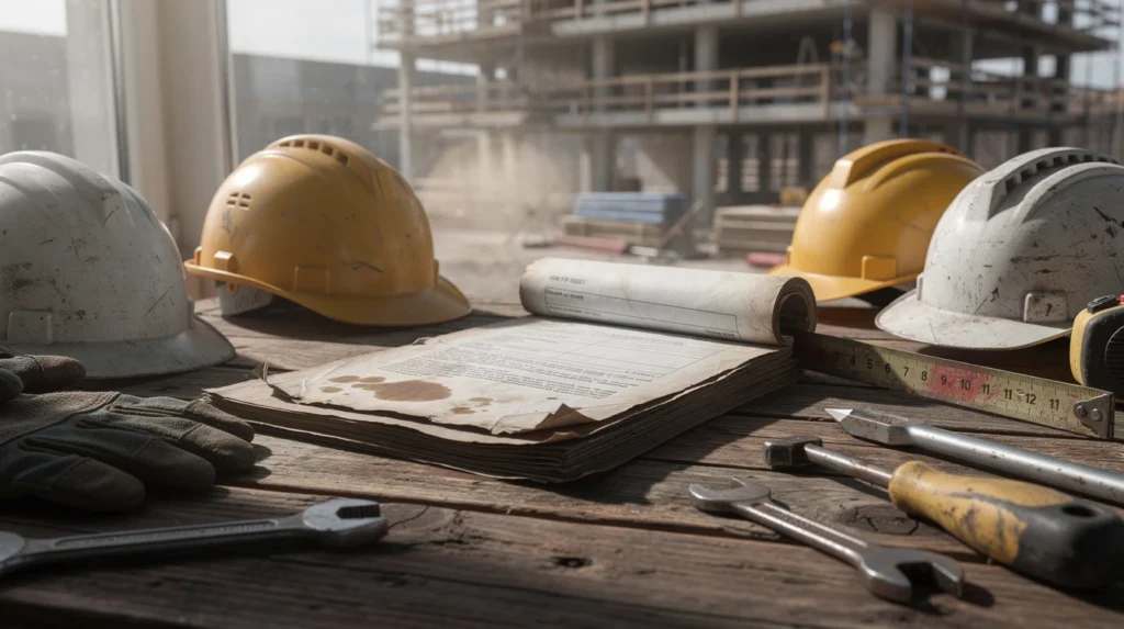 Casques et plans sur chantier de construction.