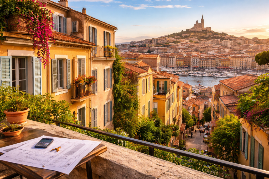 Vue de Marseille avec la basilique au coucher du soleil.