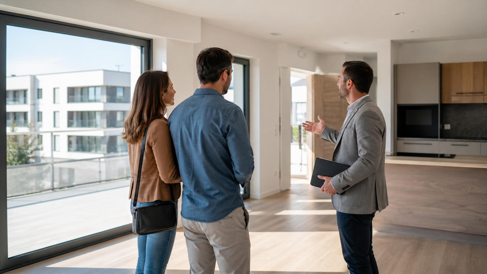 Agent immobilier montrant un appartement moderne à un couple.